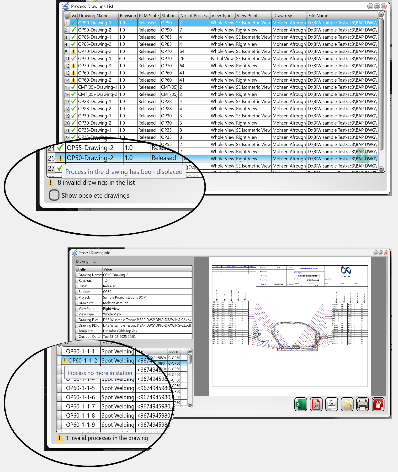 A report of drawings list showing some drawings invalidated